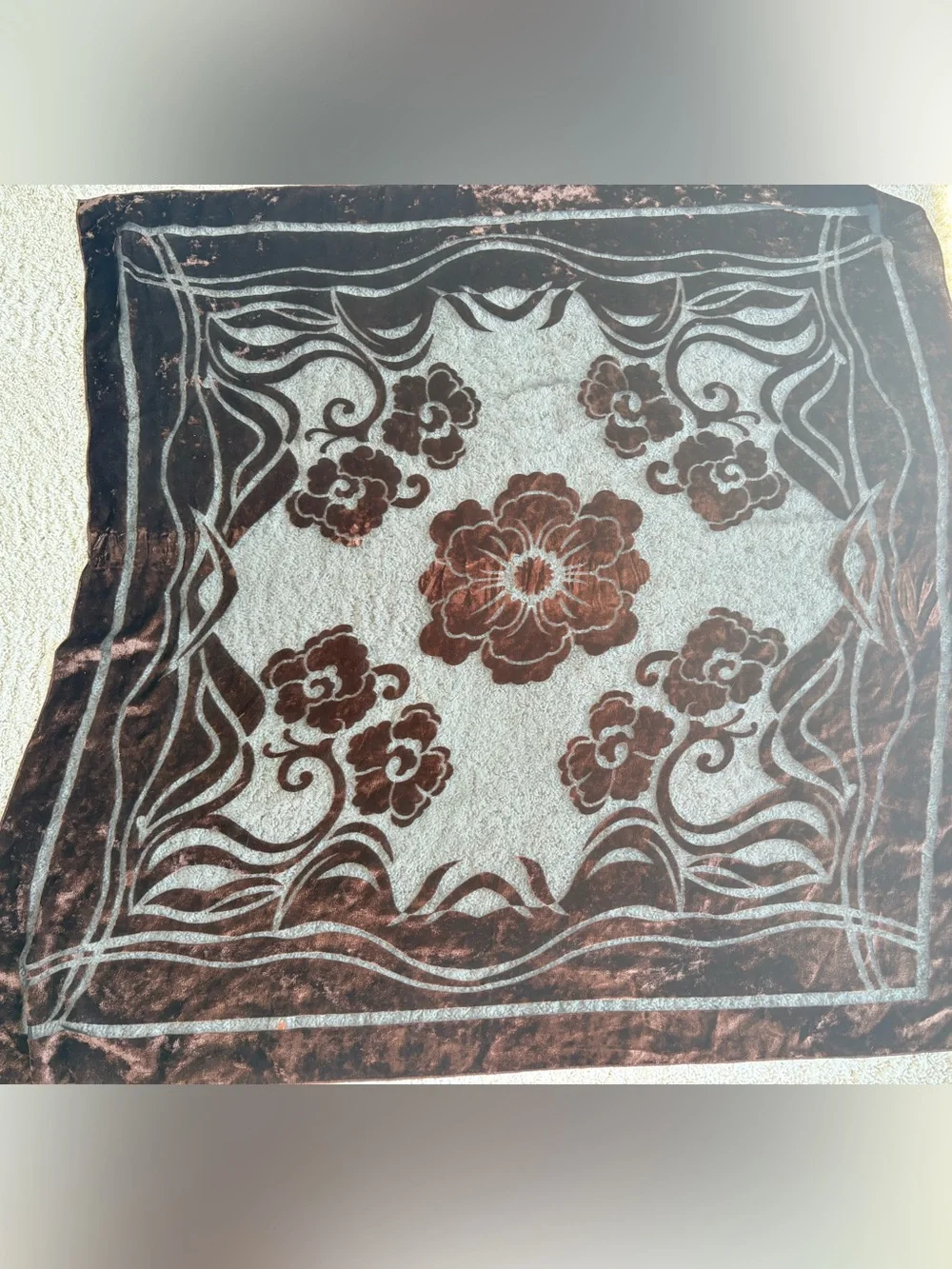 Vintage Brown Floral Velvet Burnout Print Scarf 42”